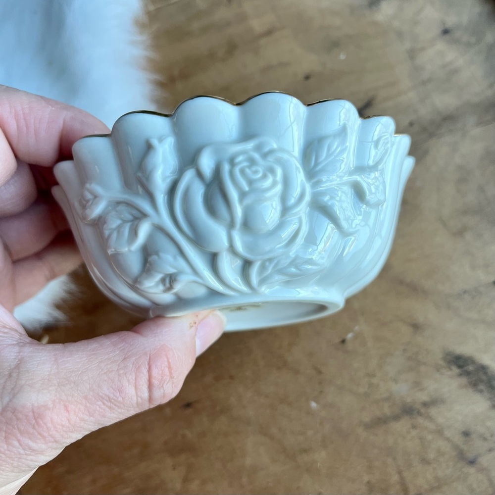 Vintage Lenox Small Embossed Rose Design Bowls Ivory With Gold Trim Trinket Bowl